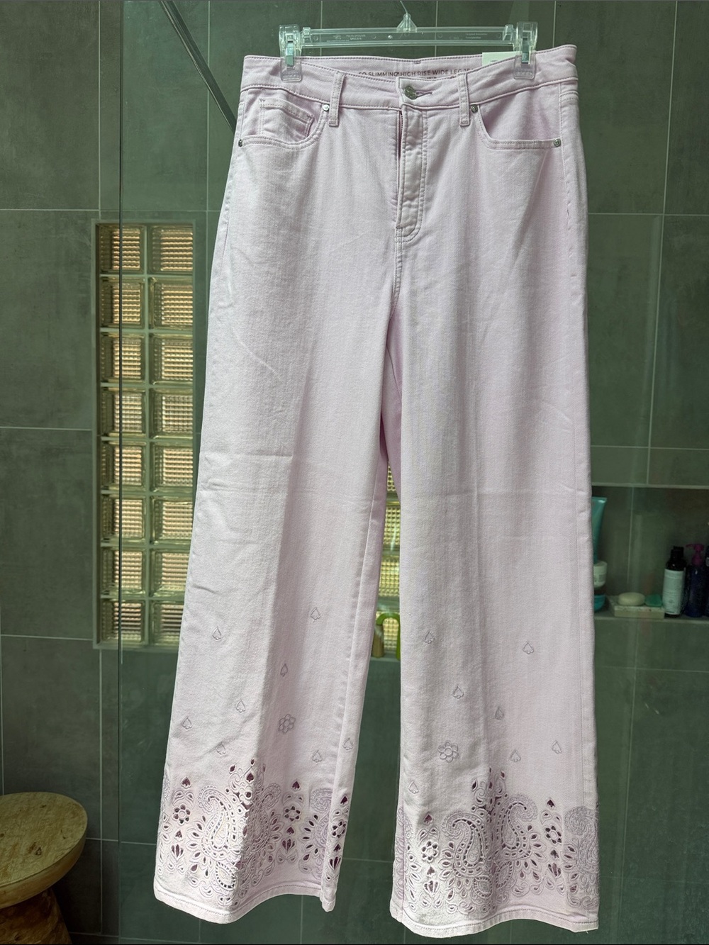 Light Pink Eyelet Hem Wide-Leg Jeans
